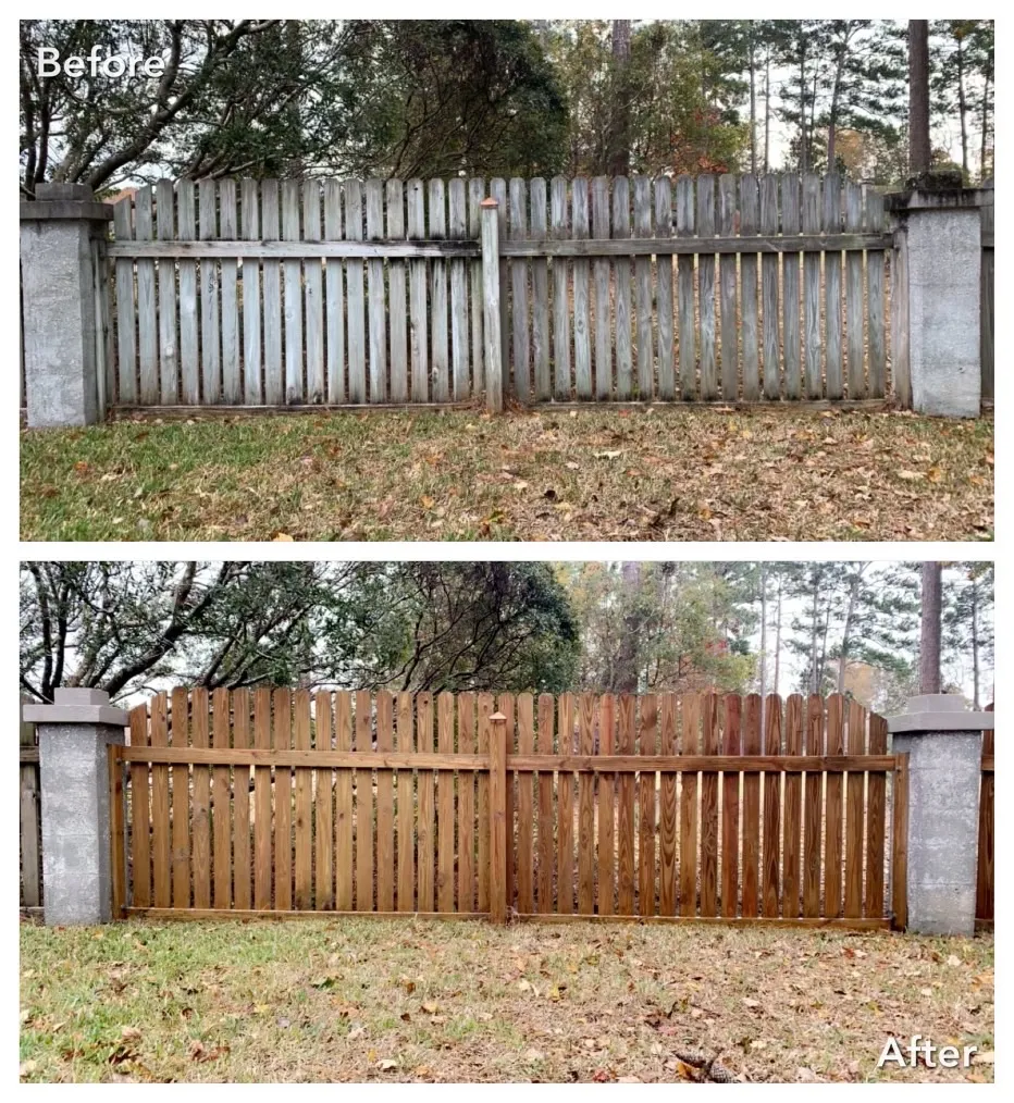 Before and after vinyl fence cleaning