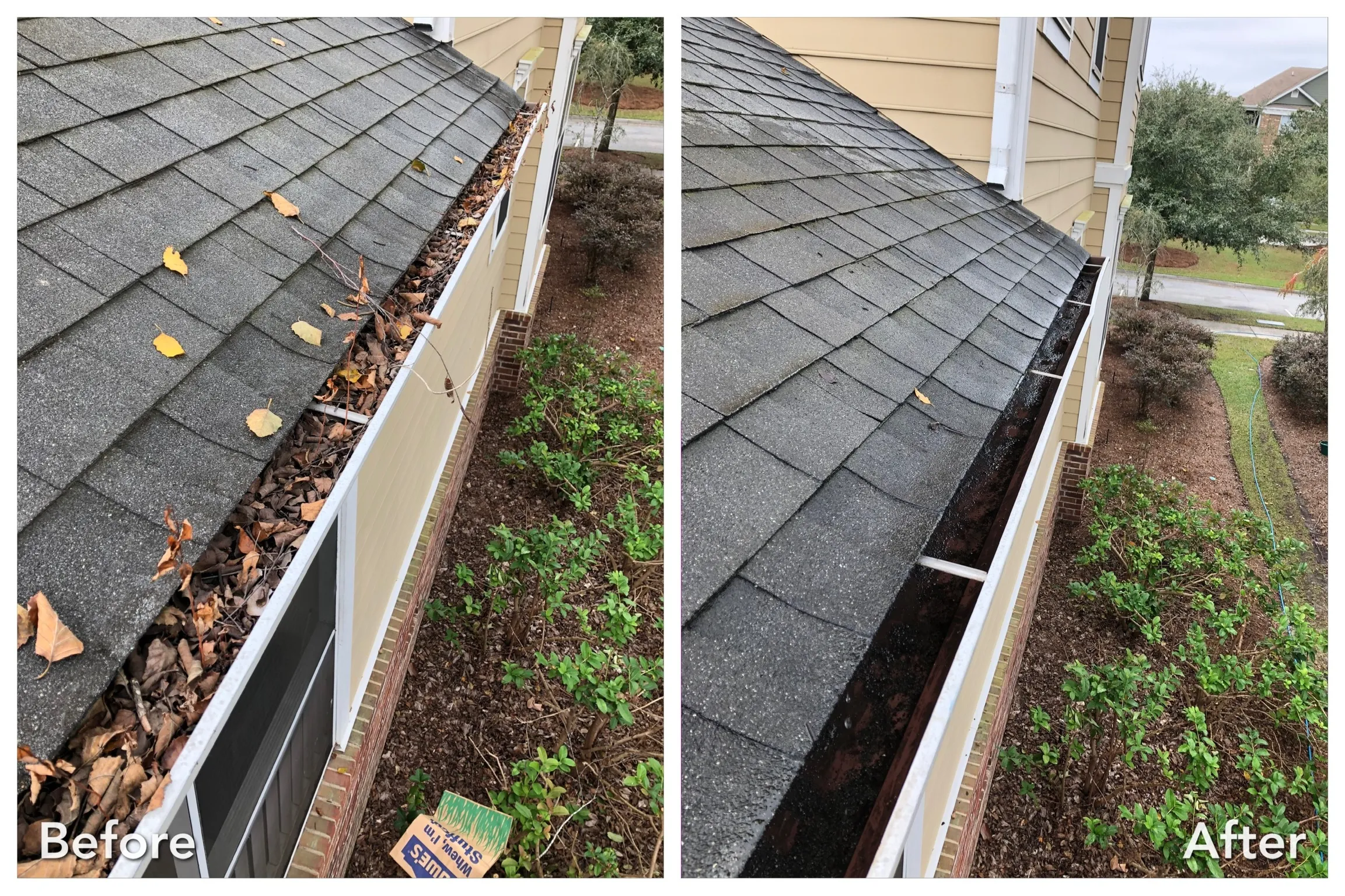 Before and after gutter cleaning and debris removal